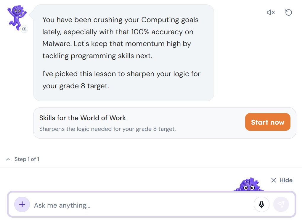 A real SideCog lesson showing guided learning and feedback